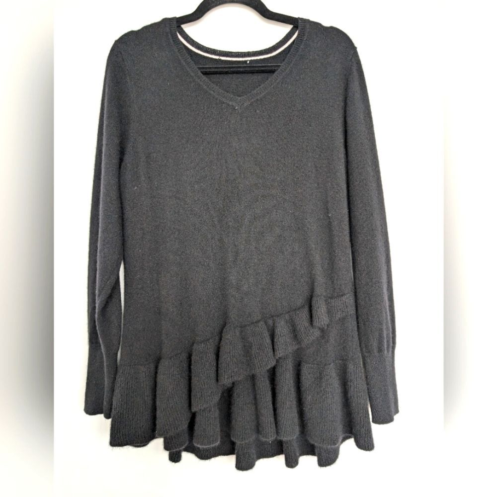 Isaac Mizrahi 100% Cashmere Black Ruffle Hem Detail Crewneck Sweater